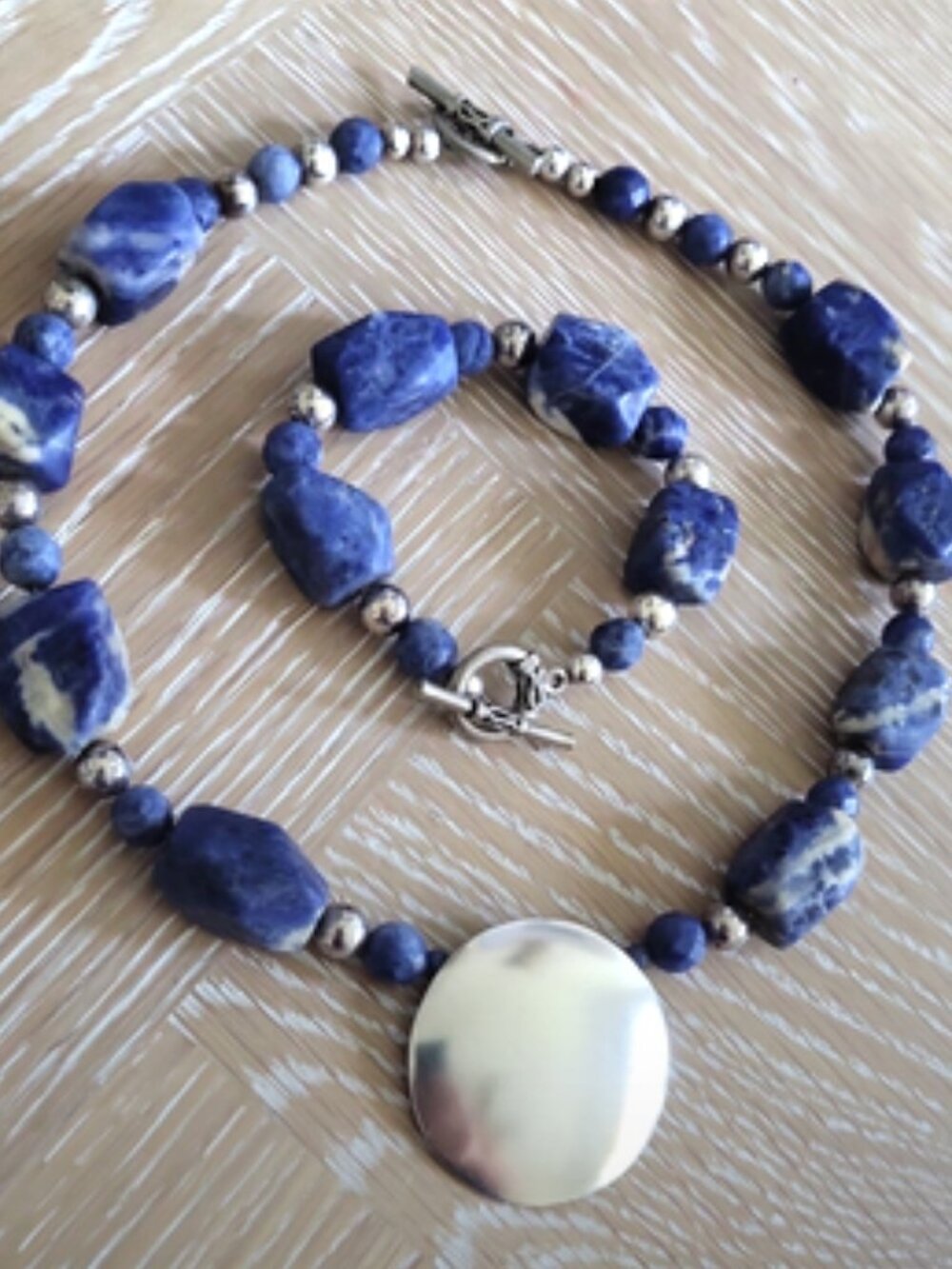 Vintage Blue Sodalite Nugget Chunky Necklace & Bracelet Set with Silver Pendant